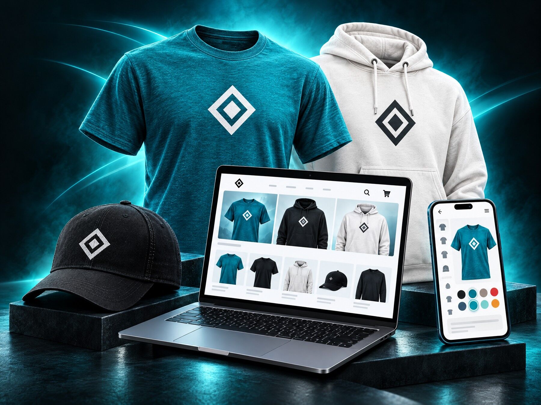 Custom apparel beside a laptop webstore and mobile ordering screen